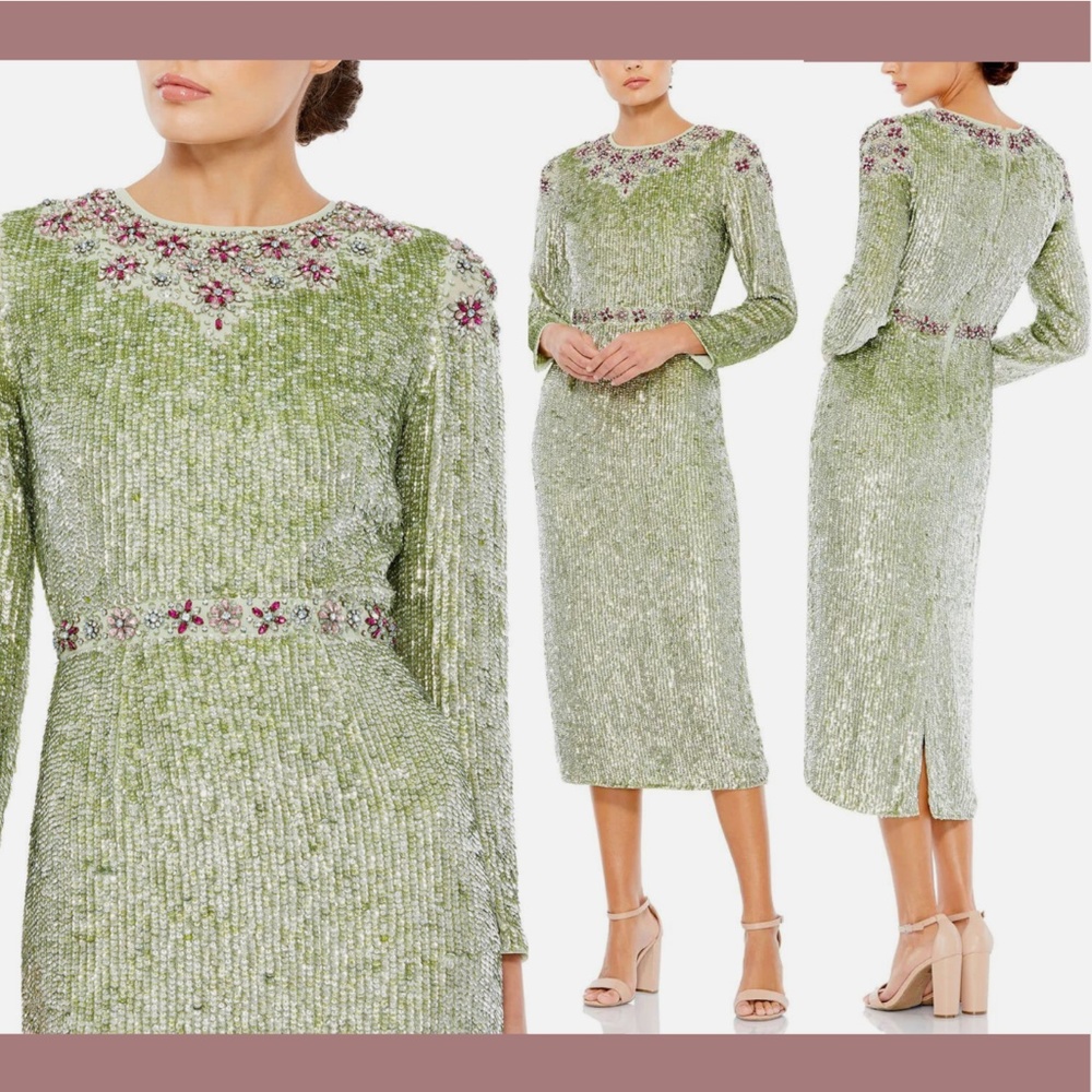 NEW $598 Mac Duggal [ 18 ] Floral Beaded Tea Length Dress in Sage Green‎